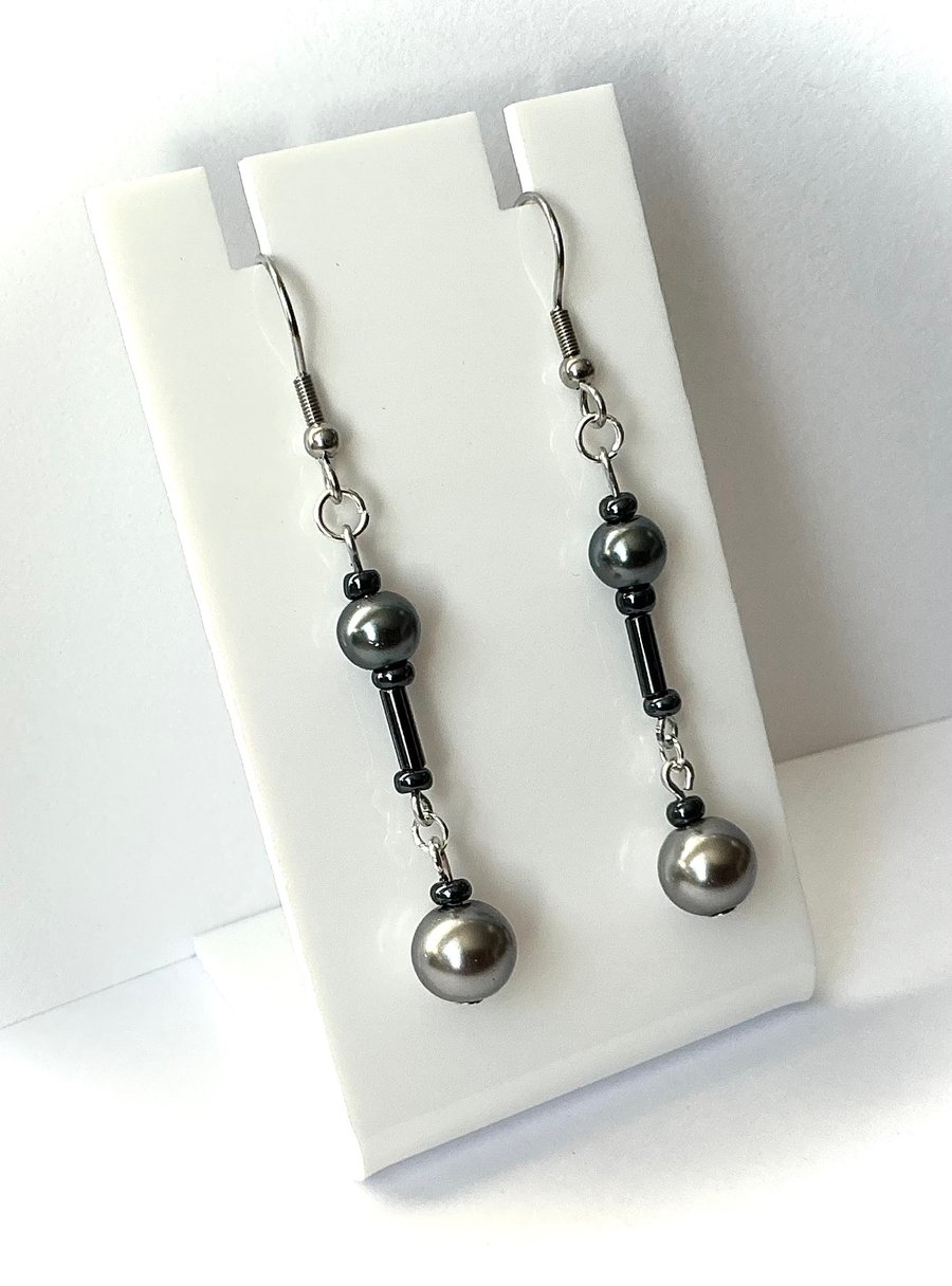 Silver Grey Beaded Earrings - Dangly