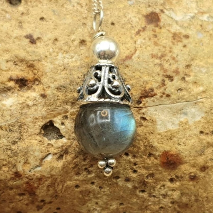 Small Labradorite cone pendant necklace. Reiki jewelry