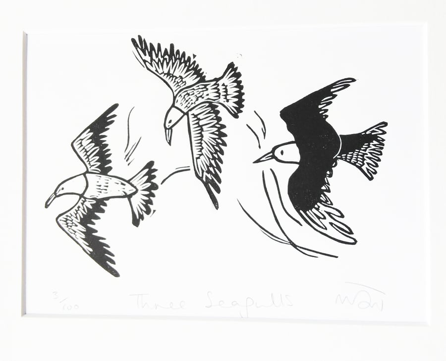 Three Seagulls - lino print picture