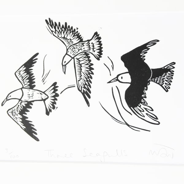 Three Seagulls - lino print picture