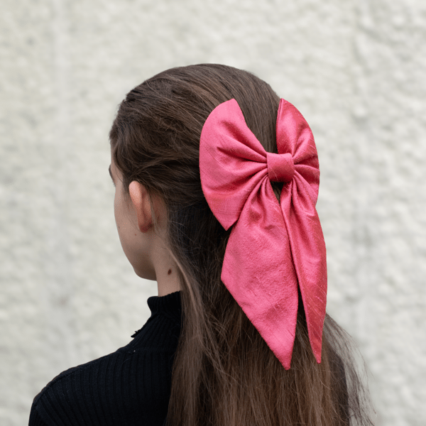 Pure Silk Bow Hair Clip in Coral for Weddings, Bride, Bridesmaid, Flower Girl