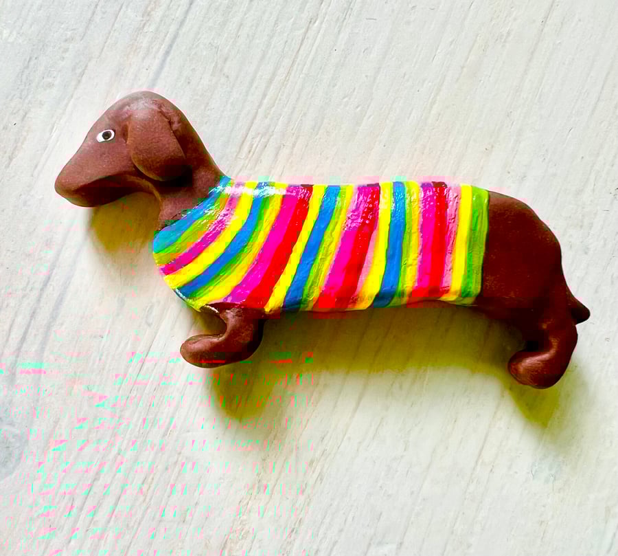 Dachshund Sausage Dog Brooch with rainbow painted polymer clay
