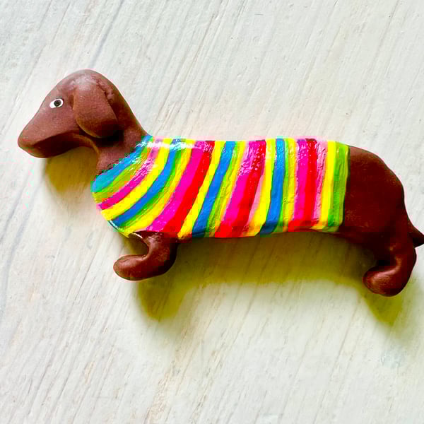 Dachshund Sausage Dog Brooch with rainbow painted polymer clay