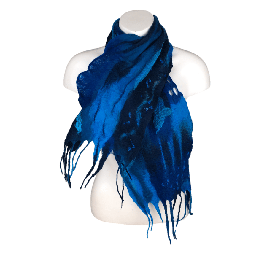 Wet felted merino wool scarf in shades of blue SALE