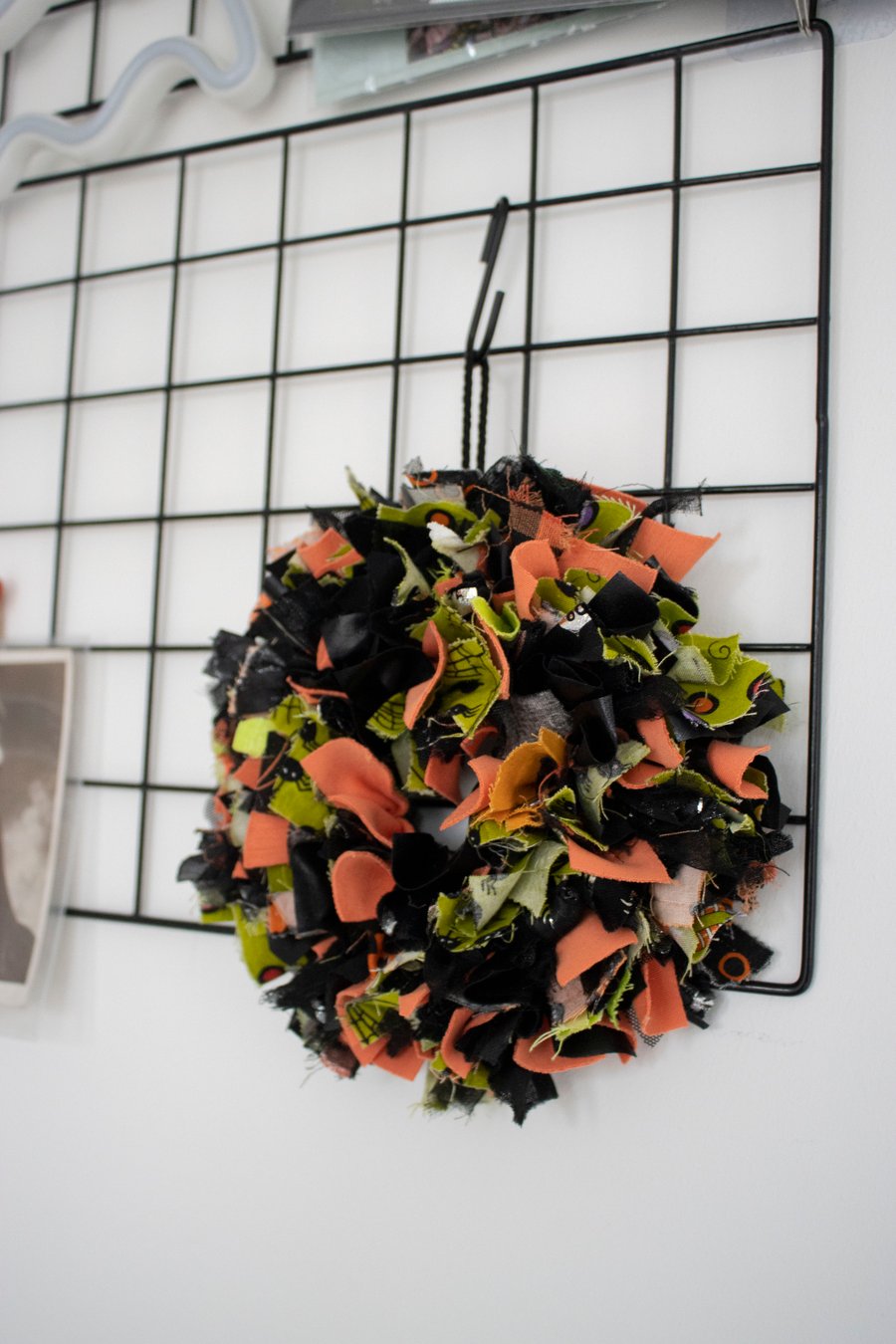 Mini Halloween Rag Rug Fabric Wreath, handmade