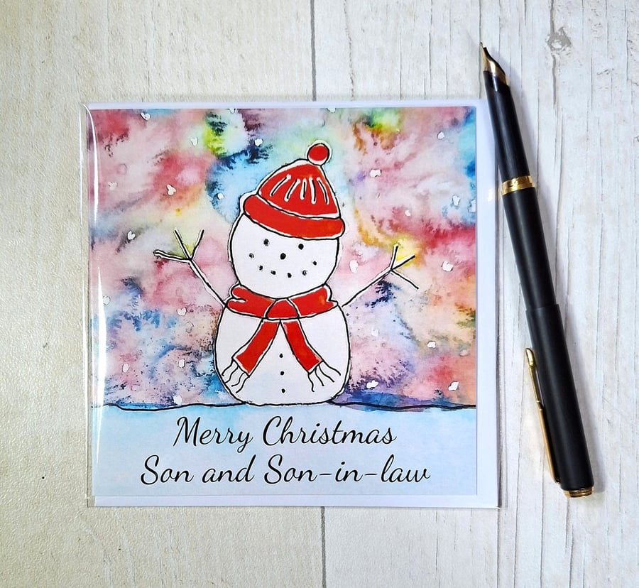 Snowman Christmas card. Snowman card. Son and Son-in-law card. Printed card. 