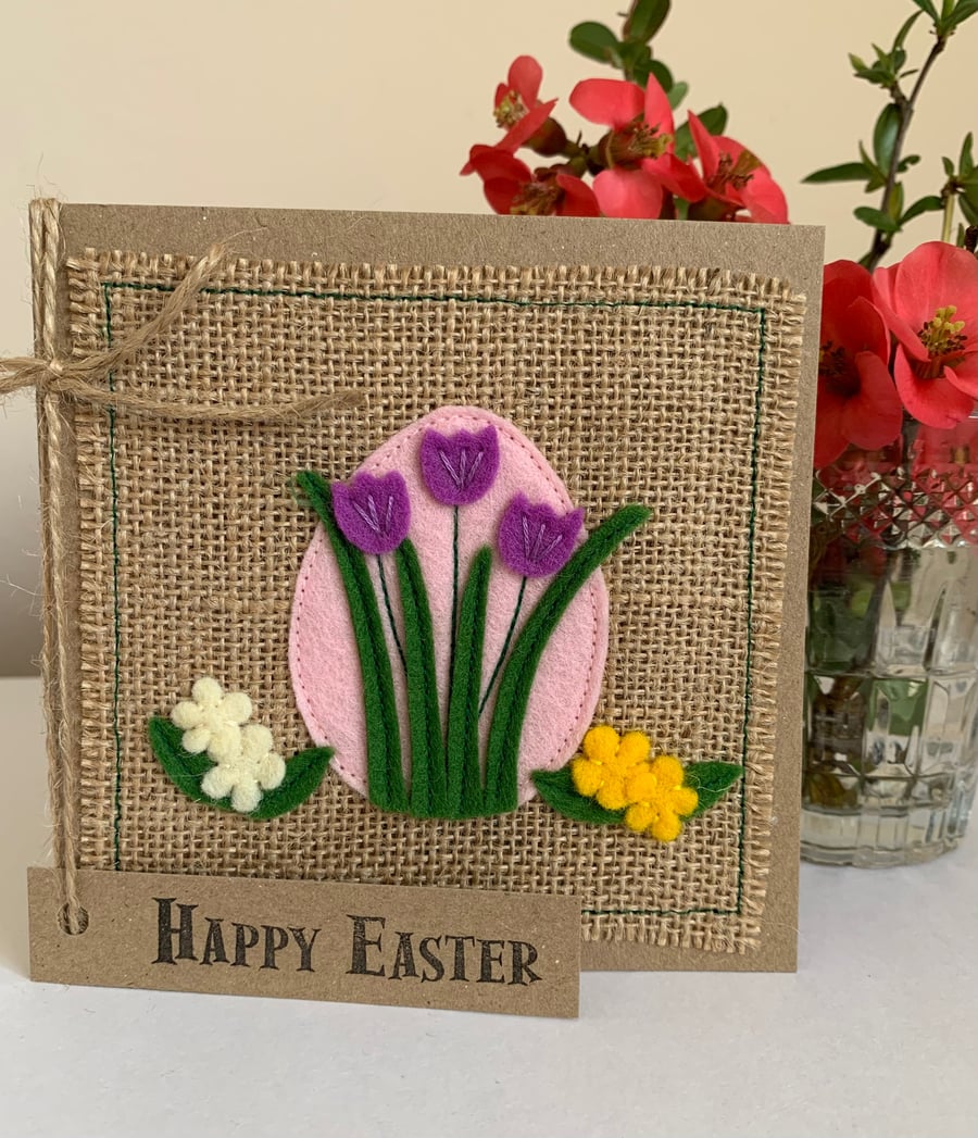 Easter greeting card with purple, yellow and cream flowers. Handmade. Wool felt.