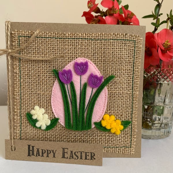 Easter greeting card with purple, yellow and cream flowers. Handmade. Wool felt.