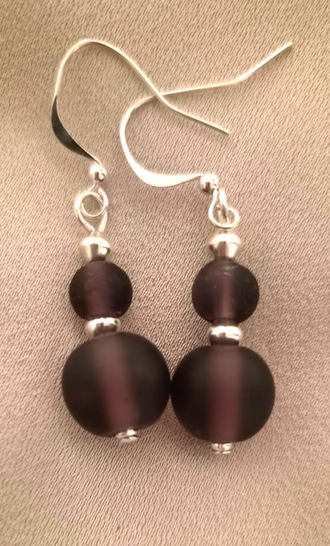 Deep Purple, Plum Frosted Glass 2 Bead Earrings Hand Made with Silver Trim