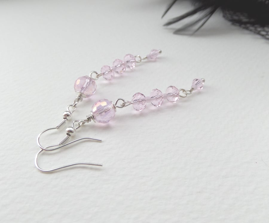 Light Pink Crystal Silver Earrings, Dangle Earrings
