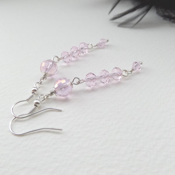 Light Pink Crystal Silver Earrings, Dangle Earrings