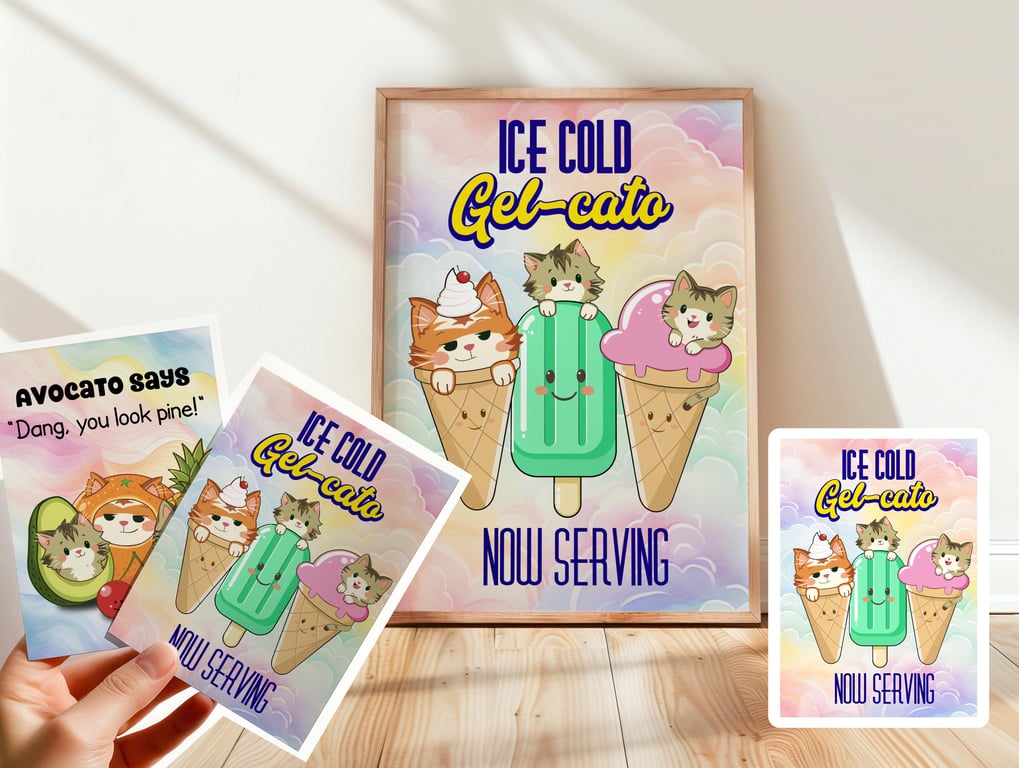 Kawaii Cat Ice Cream Print, Pastel Gelato Kitten Poster, Kitchen Wall Art 