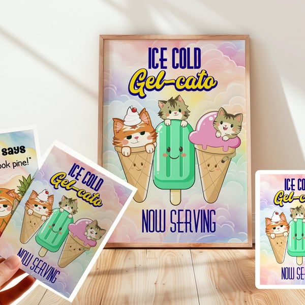 Kawaii Cat Ice Cream Print, Pastel Gelato Kitten Poster, Kitchen Wall Art 