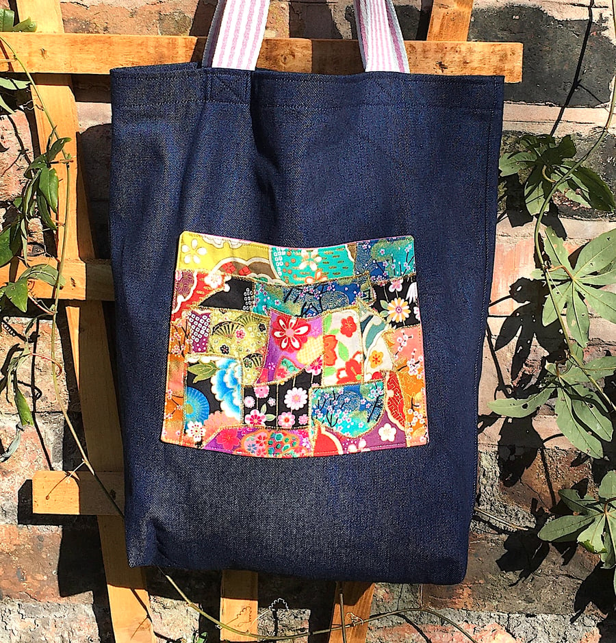 Denim Tote Bag with Japanese Fabric Pocket and Internal Pocket
