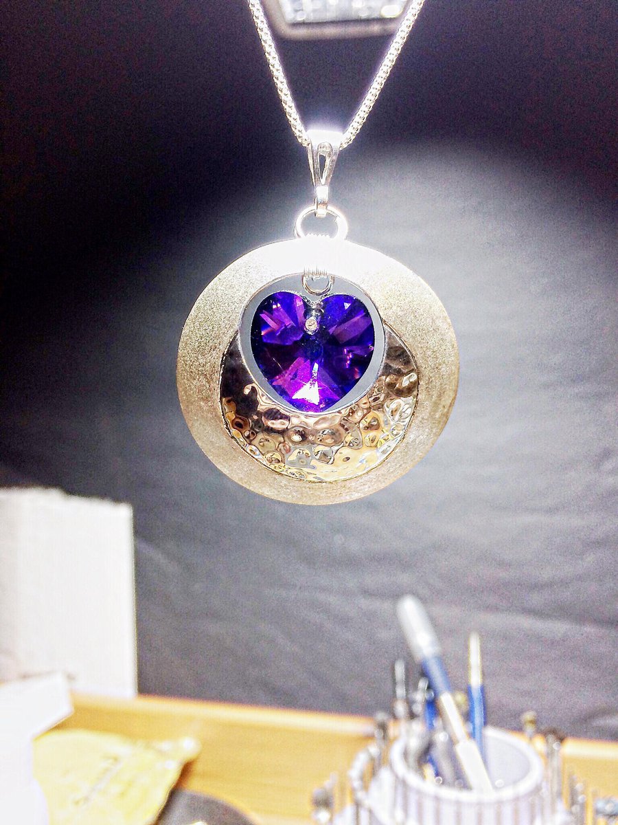 Domed Sterling Silver Pendant Necklace with a Swarovski Heart in Purple