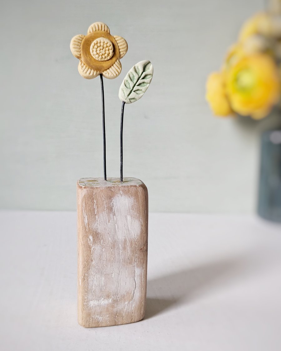 Perfectly Imperfect Clay Flower and Leaf in a Wood Block