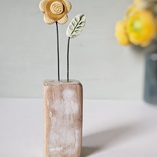 Perfectly Imperfect Clay Flower and Leaf in a Wood Block
