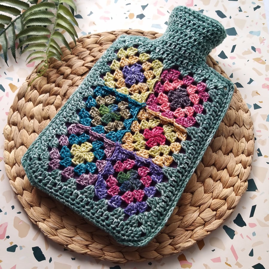  Crochet Hot Water Bottle Cover Granny Square 'Happy Scrappy'