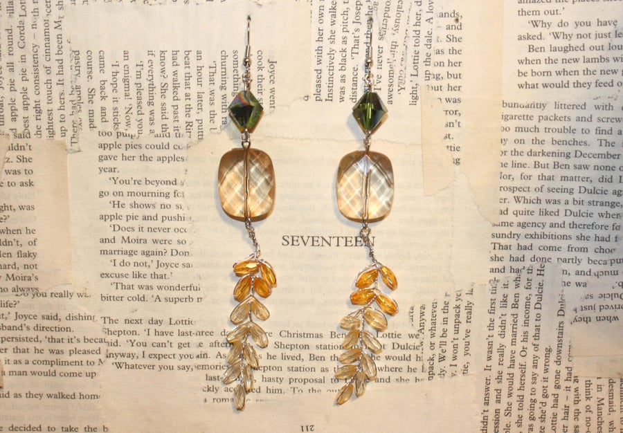 Statement Bead and Wire Flowers Facet Cut Beads Long Dangle Hook Earrings