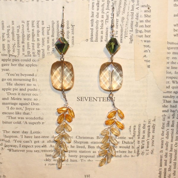 Statement Bead and Wire Flowers Facet Cut Beads Long Dangle Hook Earrings