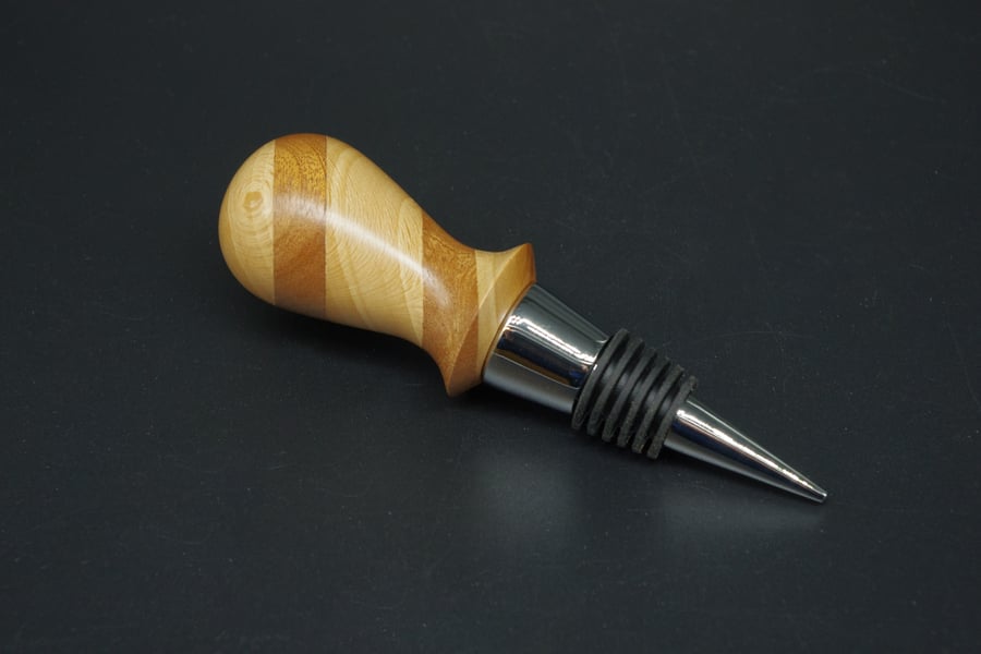 Hand Turned Wooden Bottle Stopper, Scottish Beech With Mahogany Stripes.