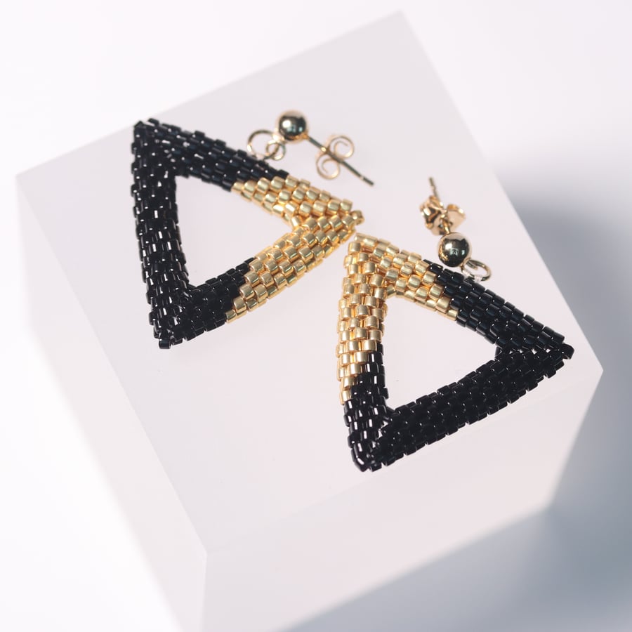 Gold and Black Triangle Beaded Earrings