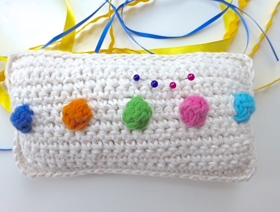 Cream pincushion, crochet square pincushion, pin tidy, needlework gift