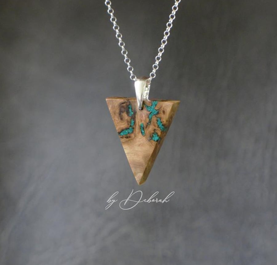 Triangle Necklace Oak Arrowhead & Malachite Stone Inlay. Anniversary Gift
