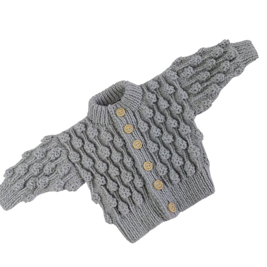 Hand Knitted Unisex Baby Cardigan, Silver Grey, Bobble Pattern, 0-6 Months