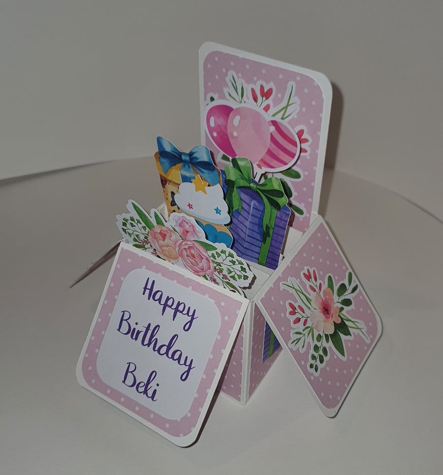 Flowers and Balloons Birthday Box Card - can be personalised.