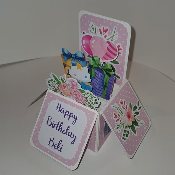Flowers and Balloons Birthday Box Card - can be personalised.
