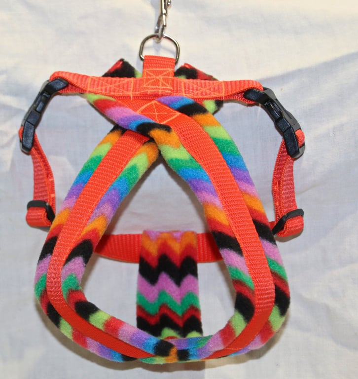 Multi Coloured Zig Zag Fleece Lined Dog Harness with Orange Webbing 