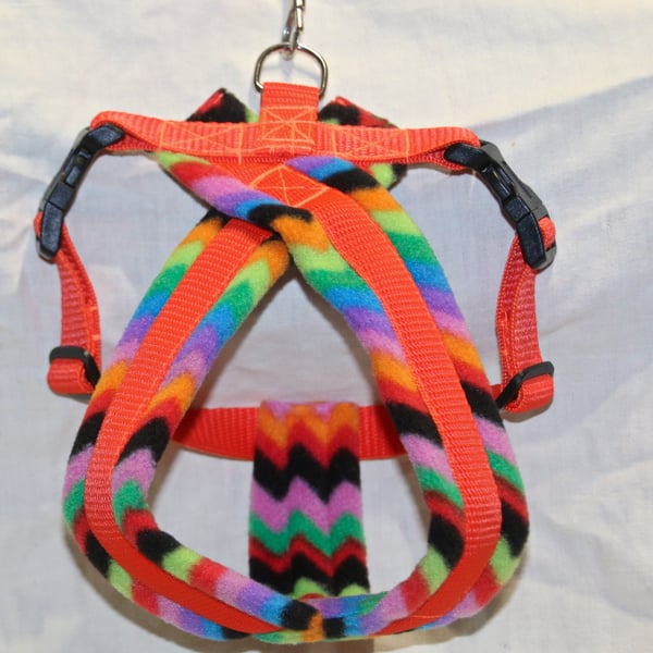 Multi Coloured Zig Zag Fleece Lined Dog Harness with Orange Webbing 