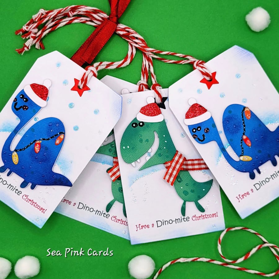 Dinosaur Christmas Gift Tags - Set of 4, dimensional, 3D tags, handmade