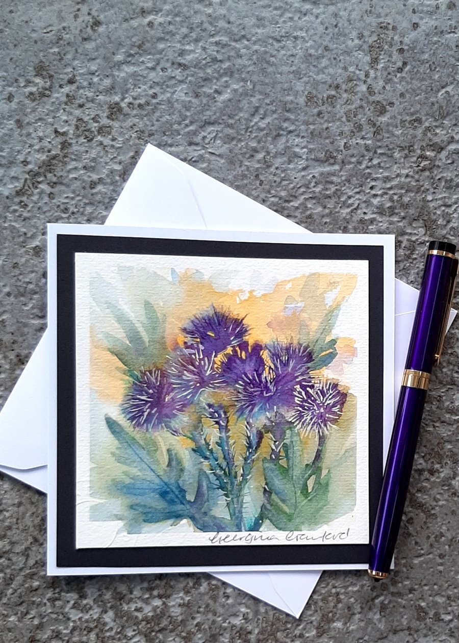 Handpainted Blank Card. Thistles. Letterbox Gift. Keepsake