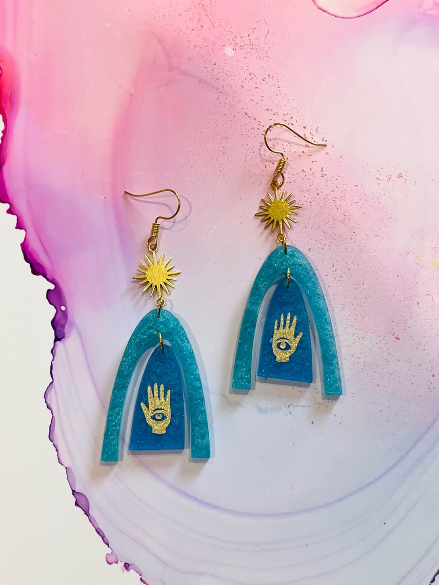 Teal statement earrings, big resin earrings, all seeing eye, witchy jewellery 