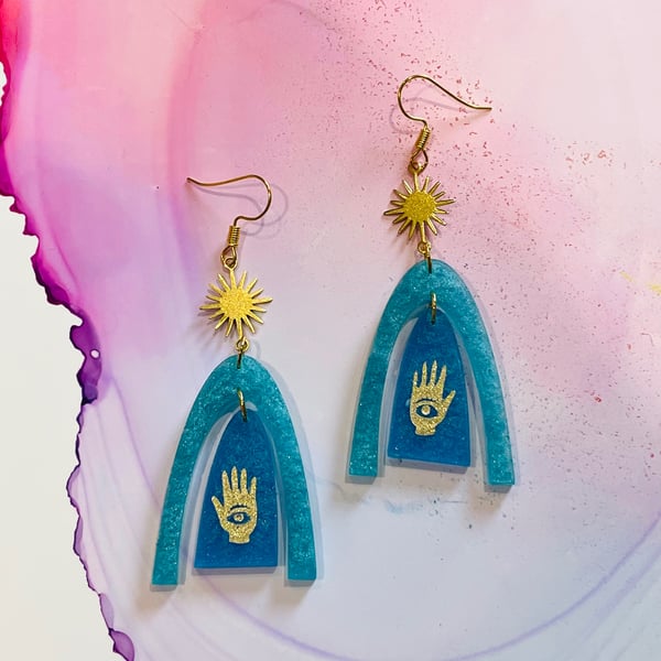 Teal statement earrings, big resin earrings, all seeing eye, witchy jewellery 