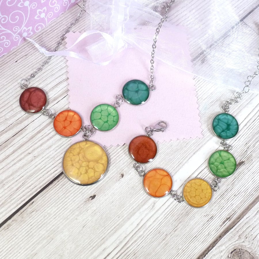 Rainbow necklace and Rainbow Bracelet set. Bright and colourful jewellery