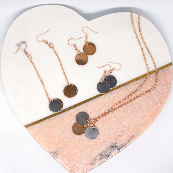 Tribal Disc Chain Pendant Earrings short silver