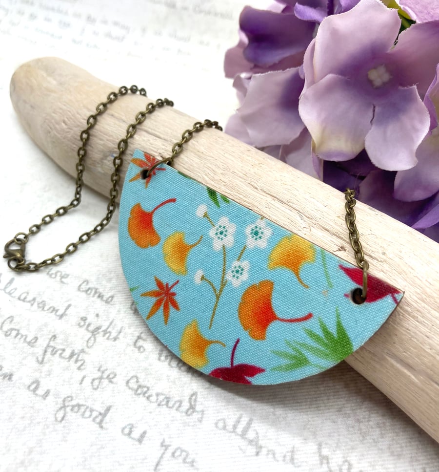 Imperfectly Perfect - Japanese foliage fabric and wood statement necklace