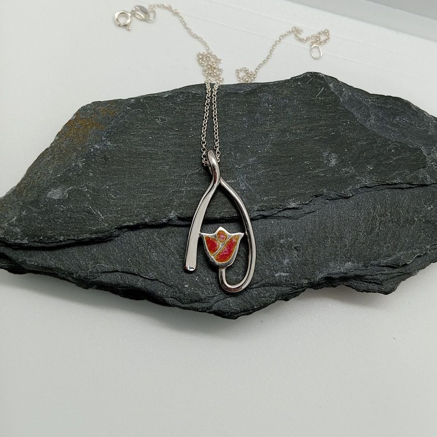 Tulip Necklace glass enamelled sterling silver pink peach double colour tulip