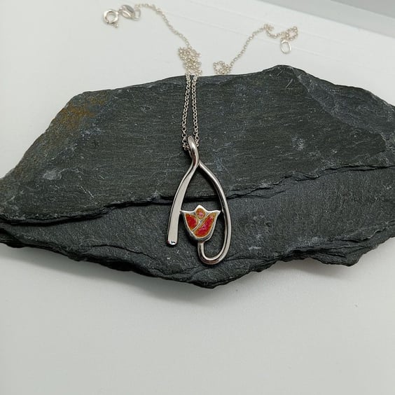 Tulip Necklace glass enamelled sterling silver pink peach double colour tulip