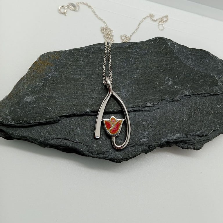 Tulip Necklace glass enamelled sterling silver pink peach double colour tulip