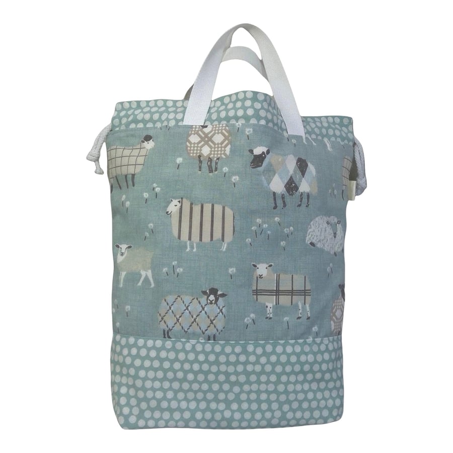 Extra Large drawstring knitting bag with blue sheep print, multi pockets project