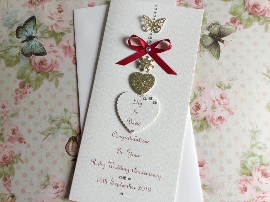 Personalised Handmade Ruby Wedding Anniversary Card 40th