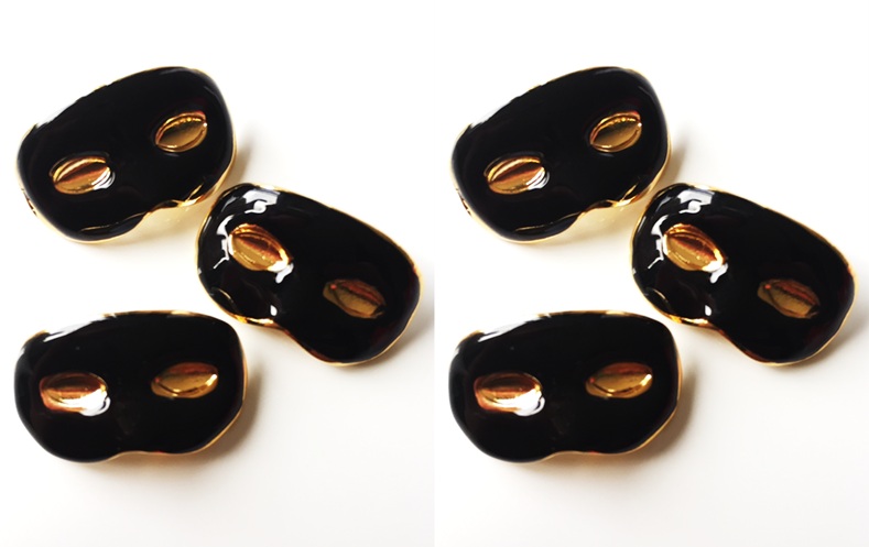 6 Masked Ball Buttons, Black, 15mm Wide, Enamel Covered Metal, Italian Designer
