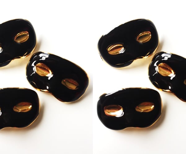 6 Masked Ball Buttons, Black, 15mm Wide, Enamel Covered Metal, Italian Designer