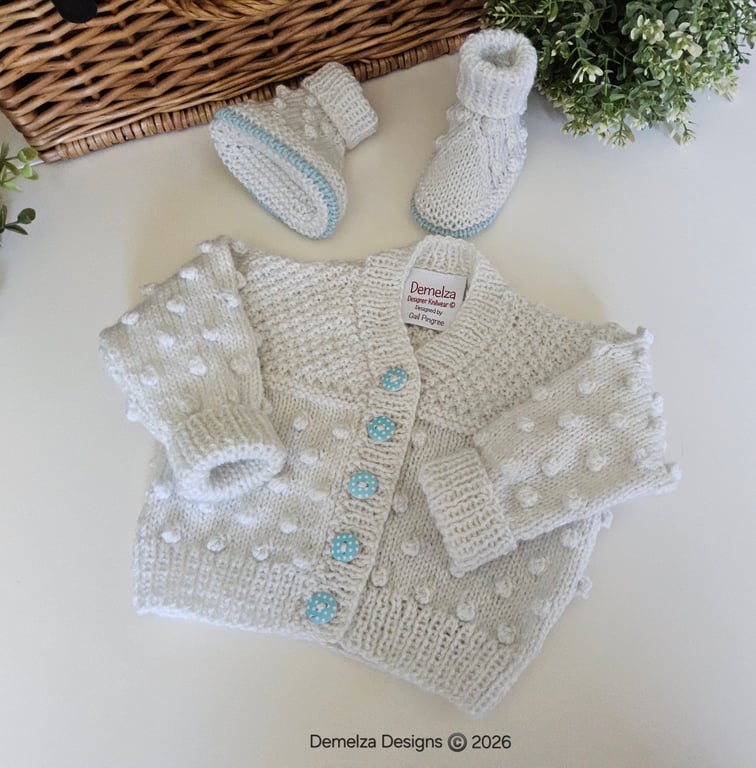 Hand Knitted  Baby Boy's Bobble Cardigan Set with Merino Wool 3-6 months 