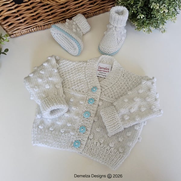 Hand Knitted  Baby Boy's Bobble Cardigan Set with Merino Wool 3-6 months 