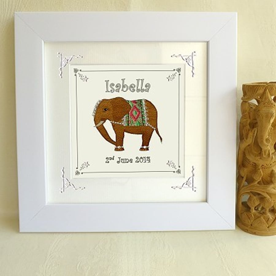 Personalised framed elephant picture (new baby, christening, birthday)